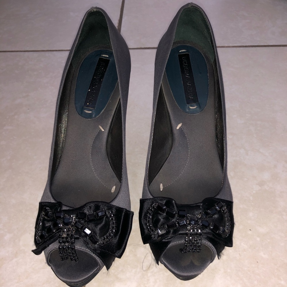 BCBG Satin Platform Pumps with Crystal Bows